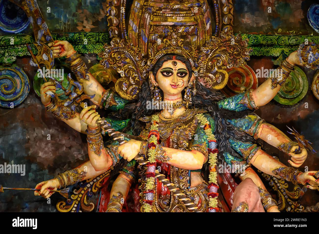 Idol of Goddess Devi Durga at a decorated puja pandal in Kolkata, West ...