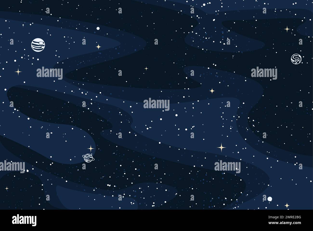 Cartoon starry sky, planets in space, cosmos or galaxy with nebula and sparkling stars, vector Stock Vector