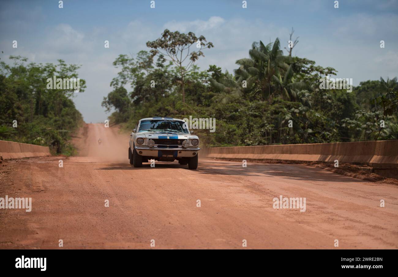 10/10/15.  A Ford Mustang from Atlantic to Pacific on the Tranz Amanonica Highway in the Amazon rainforest  - thought to be the first car of its type Stock Photo