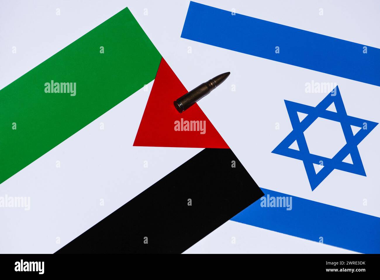 Conflict between Israel and Palestine, picture on a white background with the two flags that have a war between them, stop war. Peace. High quality ph Stock Photo