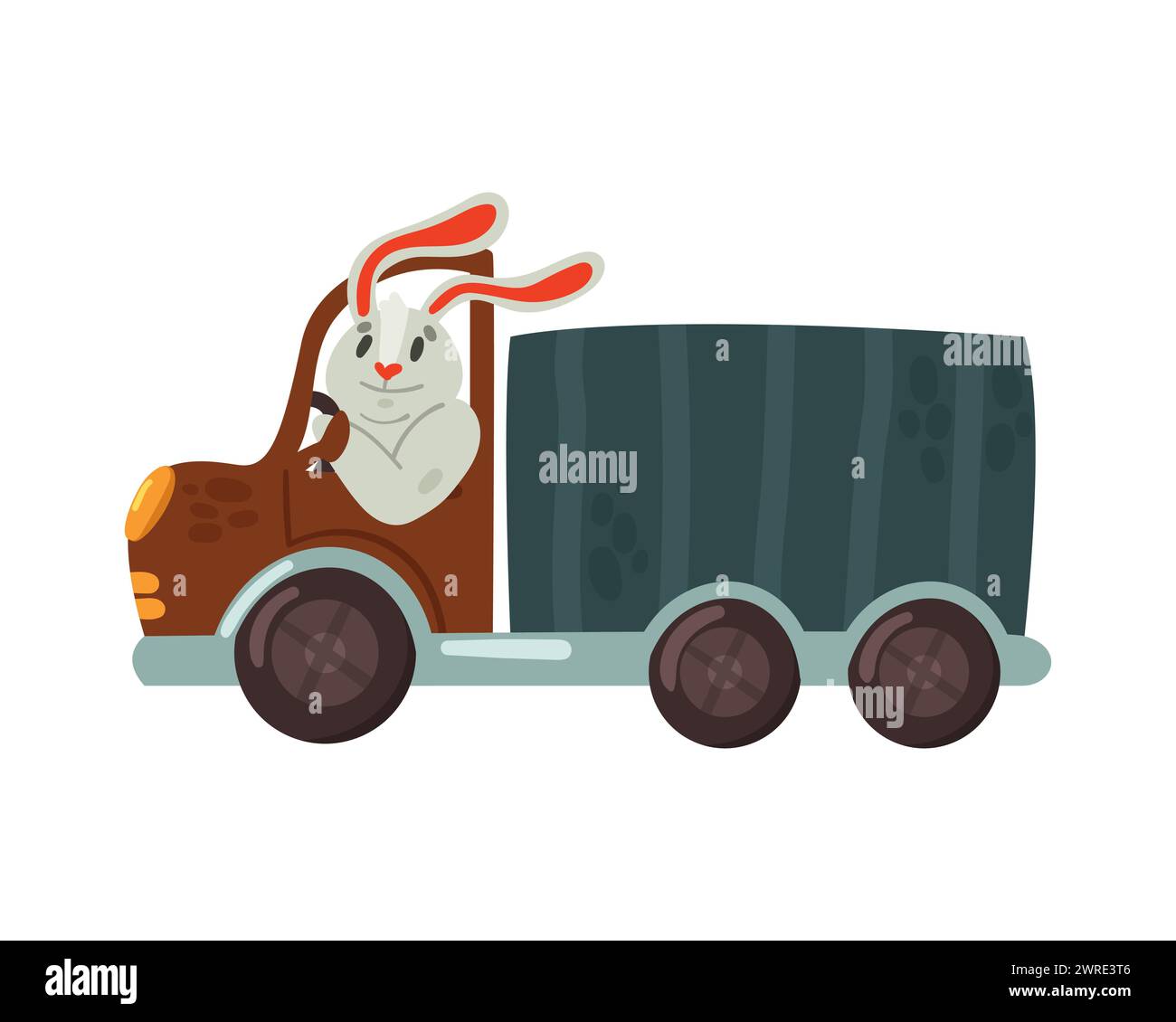 Rabbit driving a truck. Animal using transport, funny wild driver flat ...