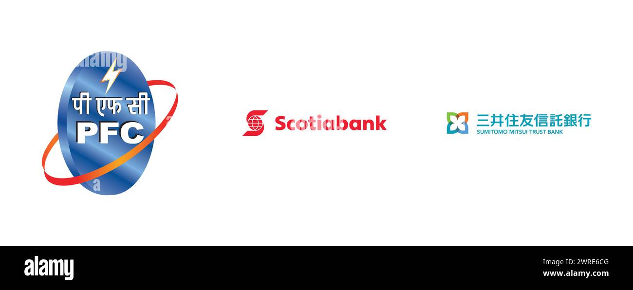 Scotiabank, Power Finance Corporation, Sumitomo Mitsui Trust Bank. Vector brand logo collection. Stock Vector