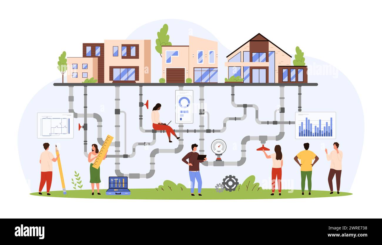Development of engineering underground networks and city pipelines. Tiny people work on project of sewer and clean water pipes, pipe connections inspection by engineers cartoon vector illustration Stock Vector
