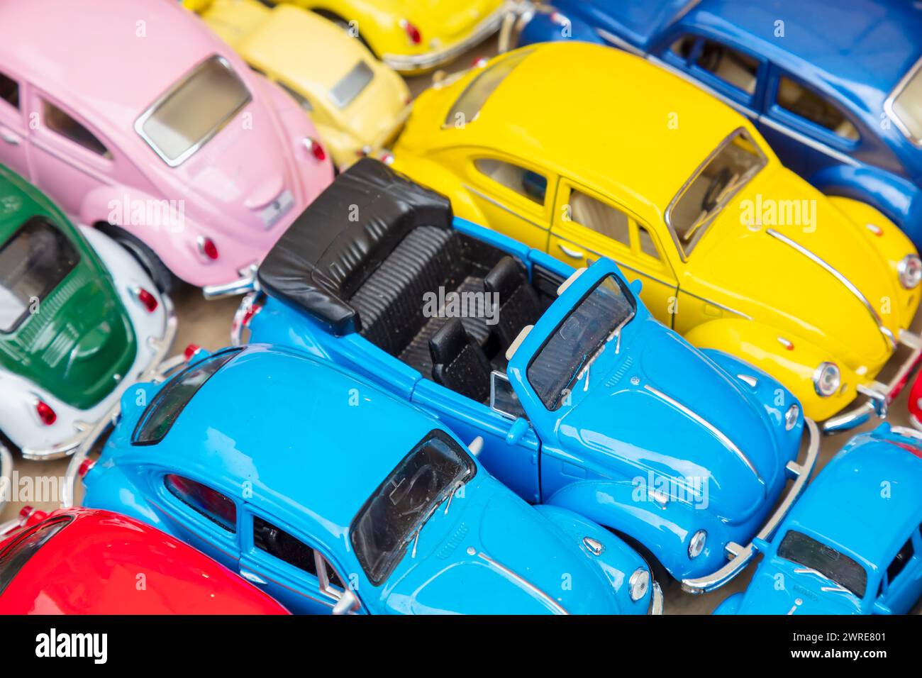 Deventer, The Netherlands - August 10, 2023: Collection of colorful Volkswagen Beetle model cars in Deventer, The Netherlands Stock Photo