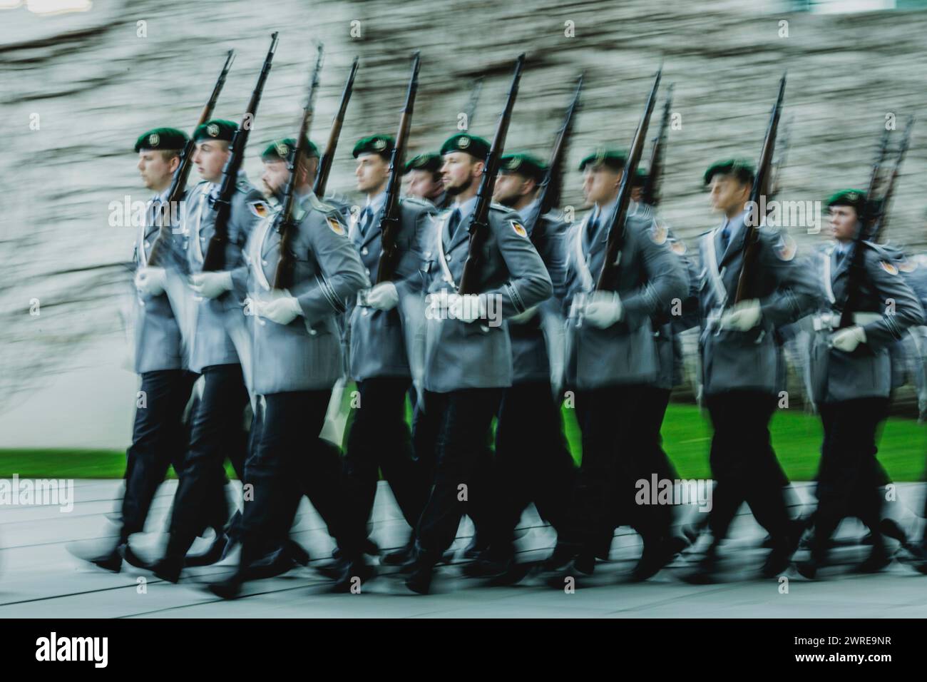 Berlin, Deutschland. 12th Mar, 2024. Soldiers of the Army Guard Battalion, photographed during a reception with military honors in the Federal Chancellery in Berlin, March 12, 2024. Credit: dpa/Alamy Live News Stock Photo
