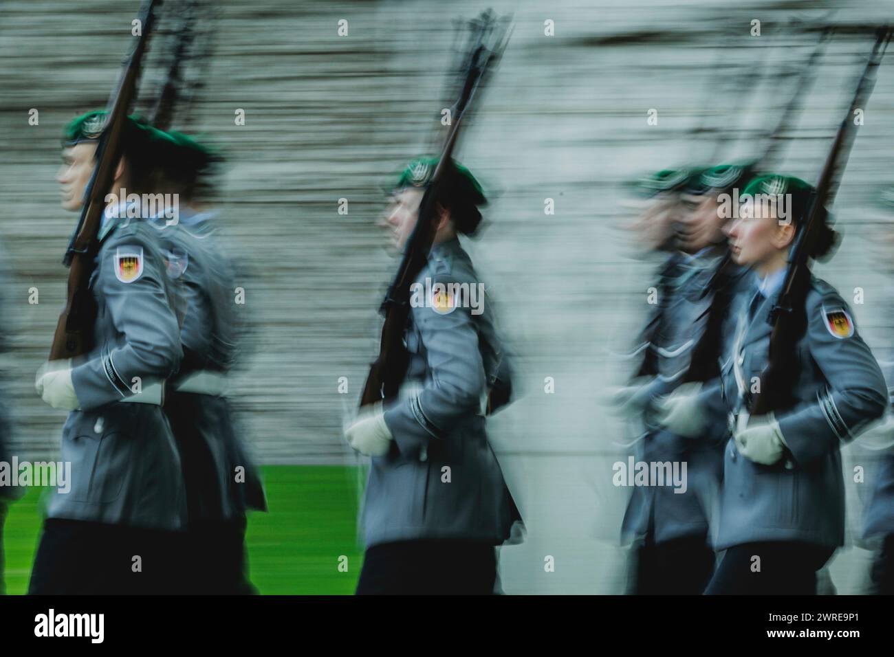 Berlin, Deutschland. 12th Mar, 2024. Army soldiers of the guard battalion, photographed during a reception with military honors in the Federal Chancellery in Berlin, March 12, 2024. Credit: dpa/Alamy Live News Stock Photo