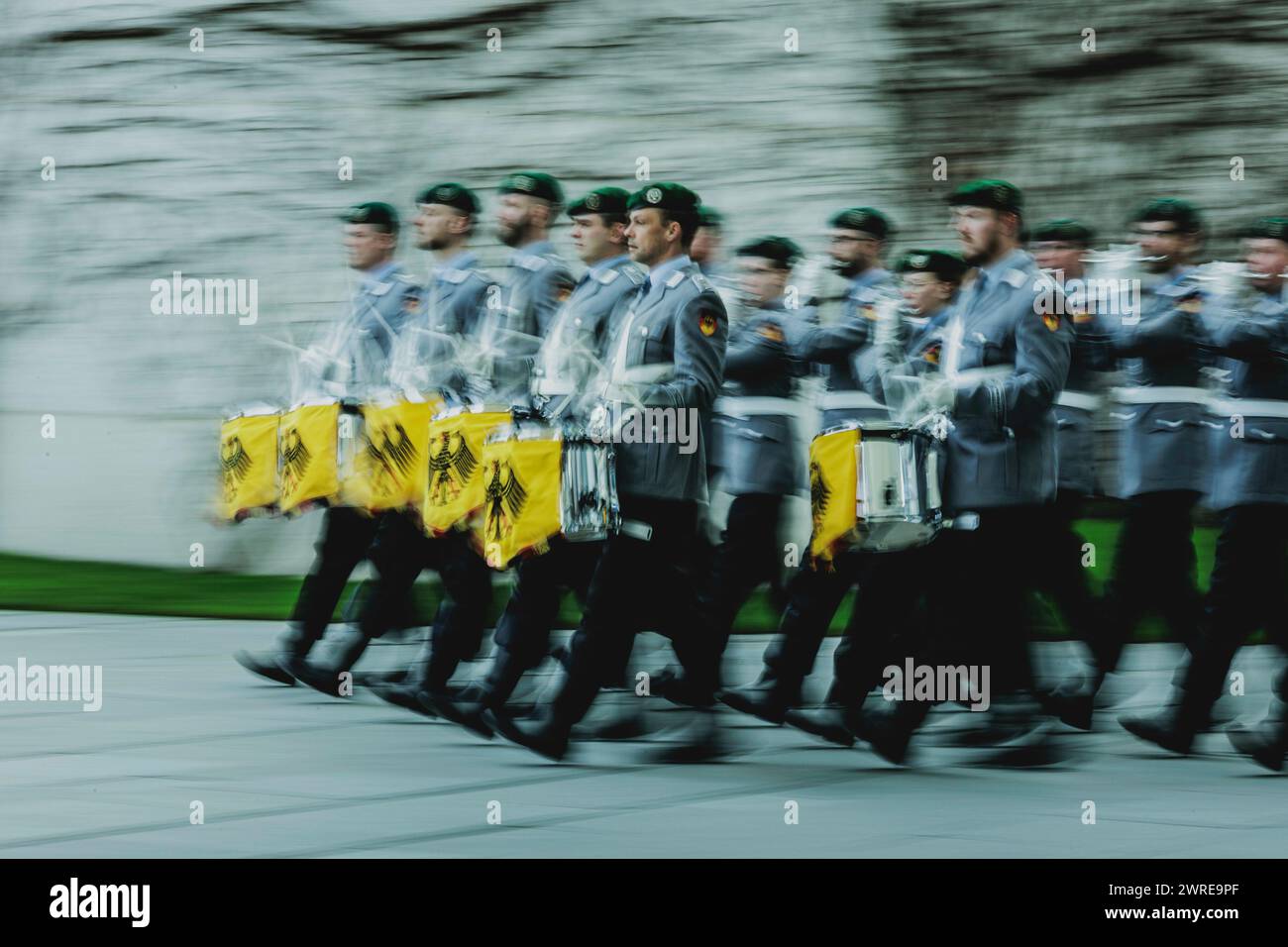 Berlin, Deutschland. 12th Mar, 2024. Soldiers of the Staff Music Corps, taken as part of a reception with military honors in the Federal Chancellery in Berlin, March 12, 2024. Credit: dpa/Alamy Live News Stock Photo
