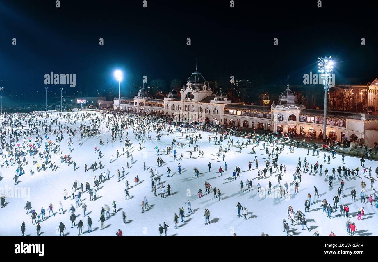 Famous Ice skate rink in Budapest city, Hungary. This place is open up late evening. Visible a