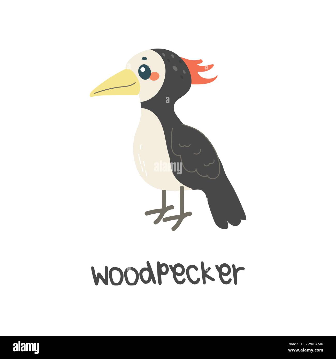 Children's illustration, cute woodpecker, with inscription. vector