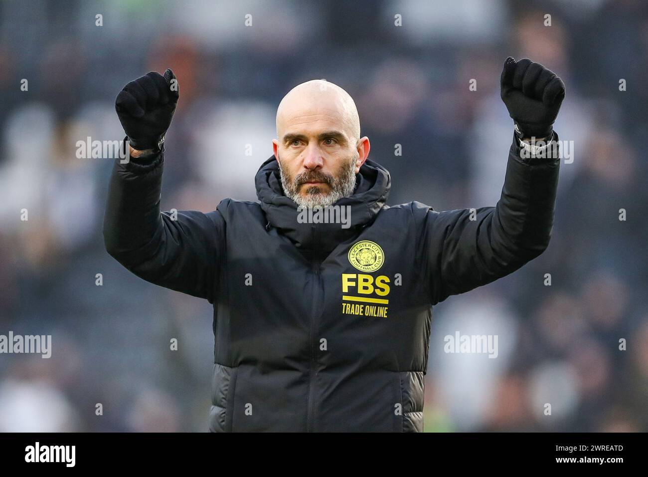 Leicester City Manager Enzo Maresca gestures and celebrates with fans during the Hull City AFC v Leicester City FC sky bet EFL Championship match at the MKM Stadium, Hull, England, United Kingdom on 9 March 2024 Stock Photo