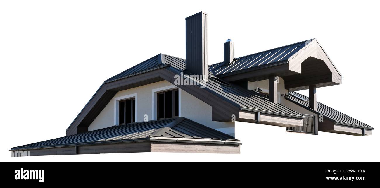 Brown modern roof of a village house. Isolated on white Stock Photo