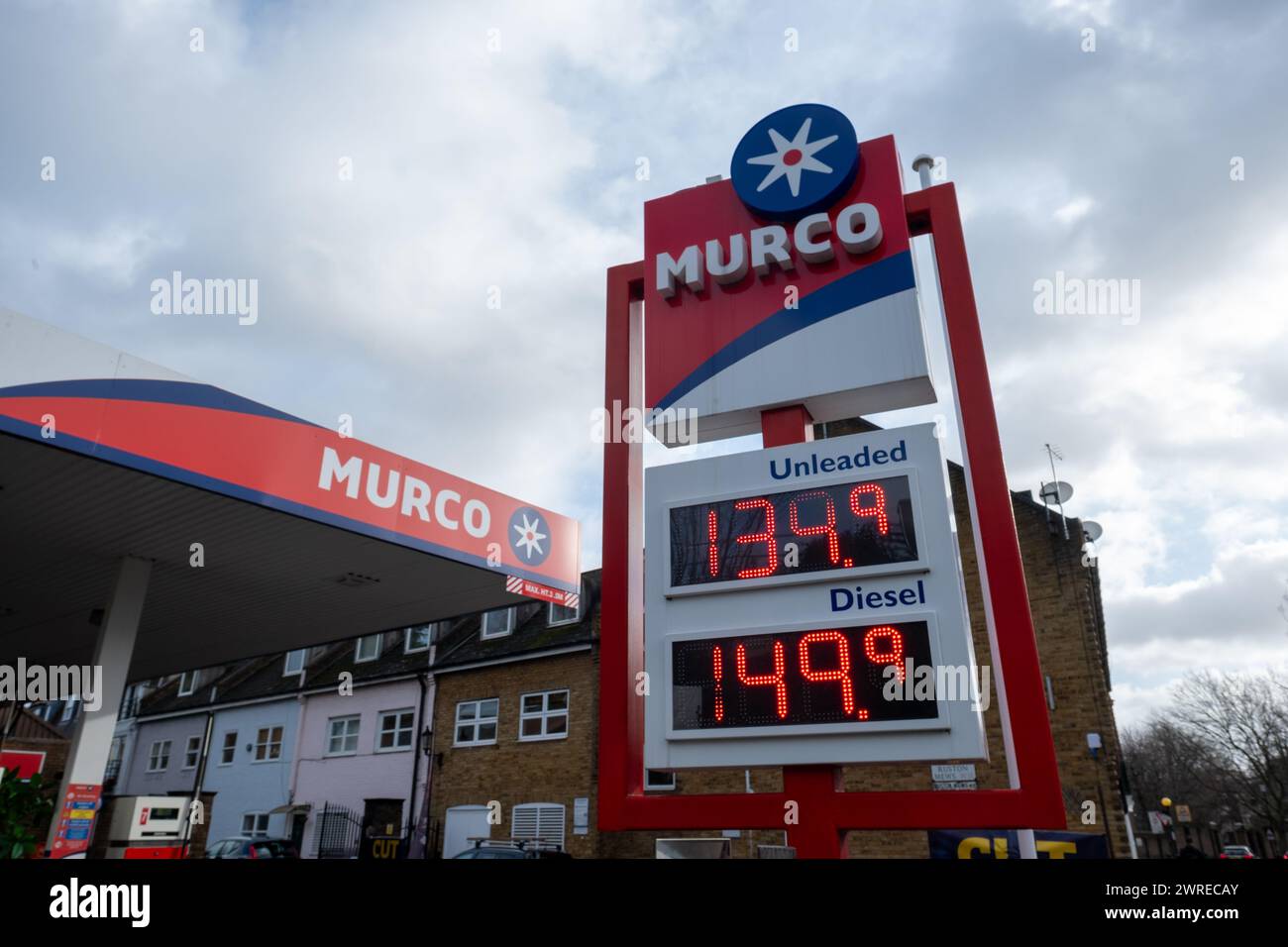 LONDON- JANUARY 22, 2024: Murco fuel station in west London showing logo and fuel prices Stock Photo