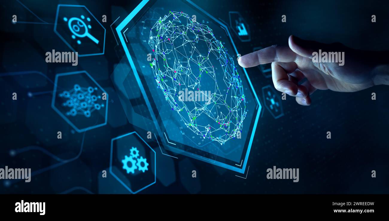 Big data analytics automated with AI technology. Person touching screen with machine learning and deep learning neural network for data science, data Stock Photo
