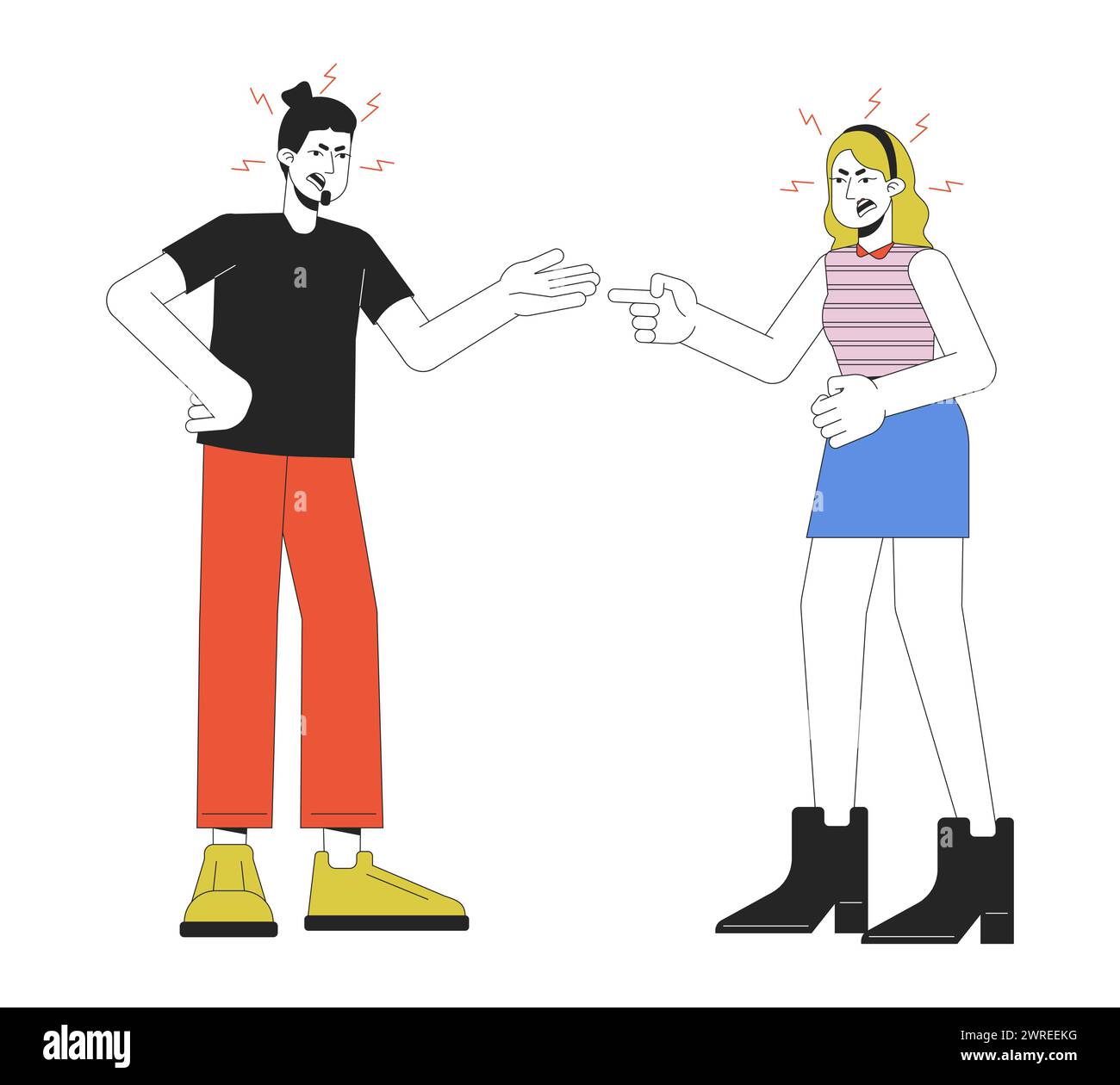 Caucasian couple quarrel line cartoon flat illustration Stock Vector
