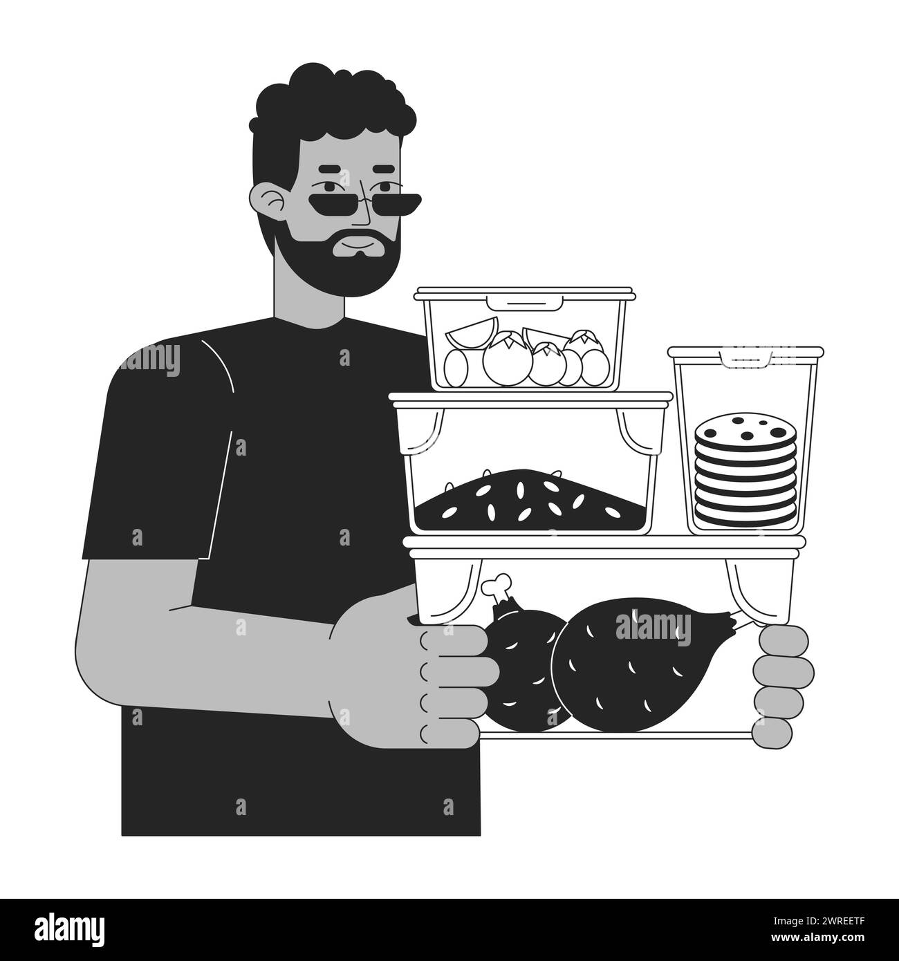 Meal prepping black and white cartoon flat illustration Stock Vector