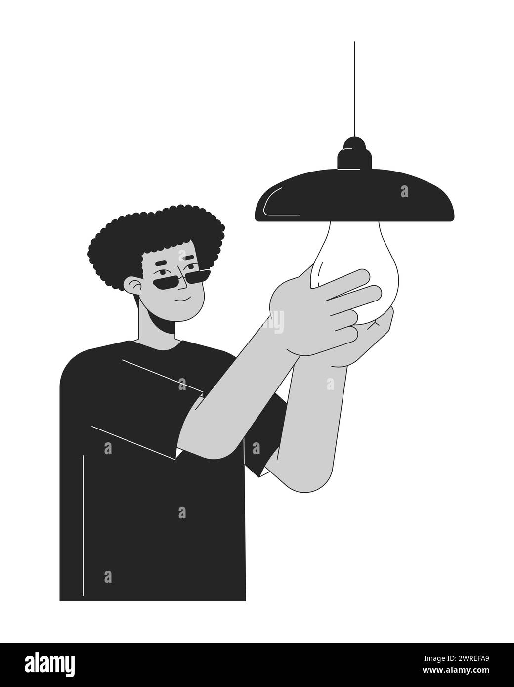 Energy efficient lightbulb installing black and white cartoon flat illustration Stock Vector
