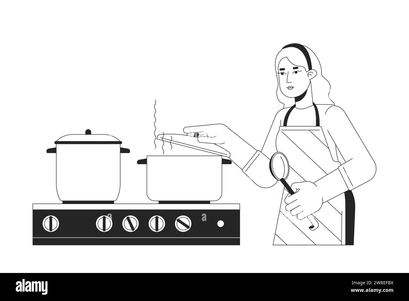 Caucasian woman putting lid on pot black and white 2D line cartoon