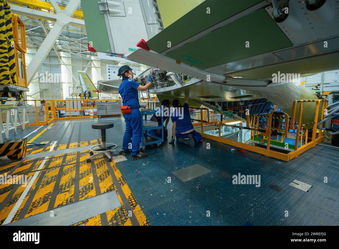 Airbus operators during manufacturing on the assembly line of the C295 ...