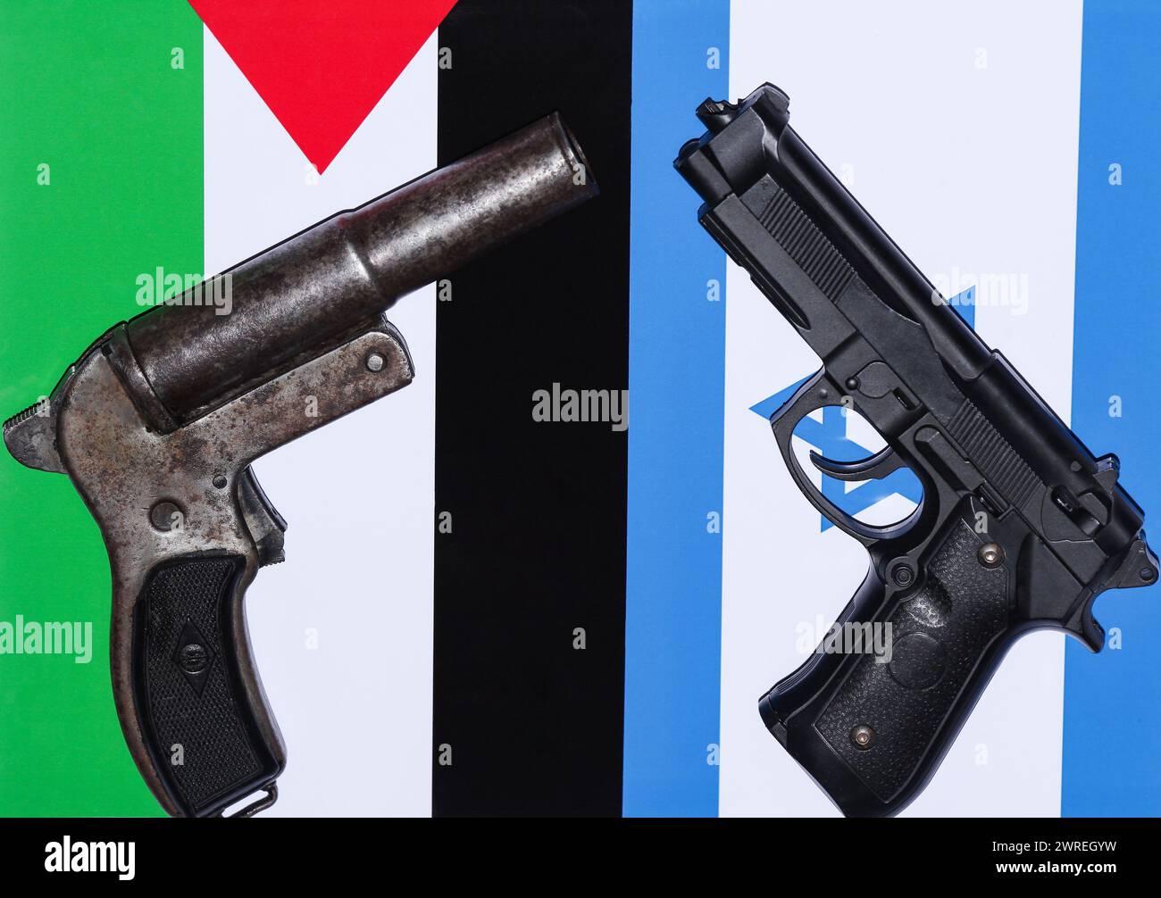 War between Palestine and Israel. The picture with the two flags with two guns that show us that they are at war. Stop war. peace. High quality photo Stock Photo