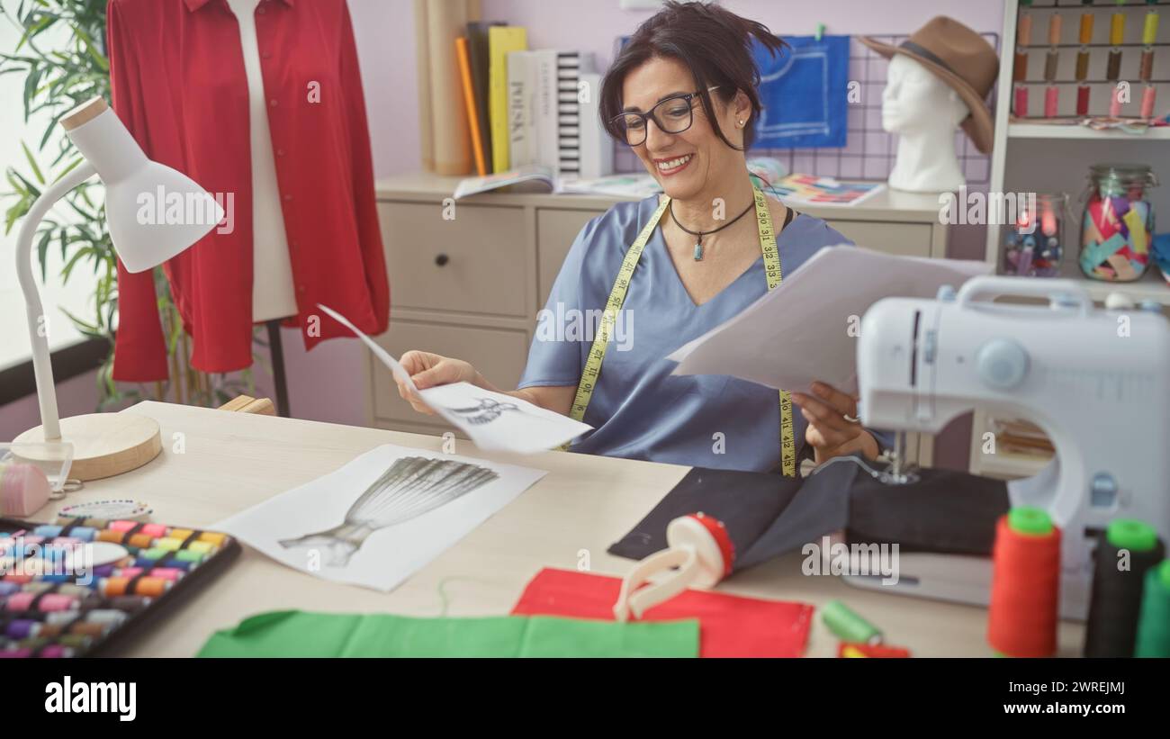 A smiling hispanic woman examines a sketch in her tailor shop ...