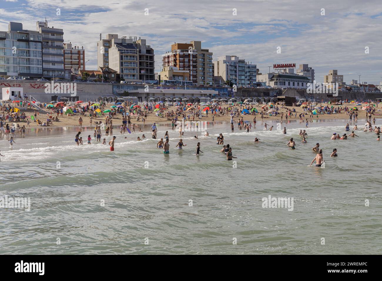 Mar del Plata, Argentina - January 15th, 2024: People swimming at Stella Maris beach in Mar del Plata. Stock Photo