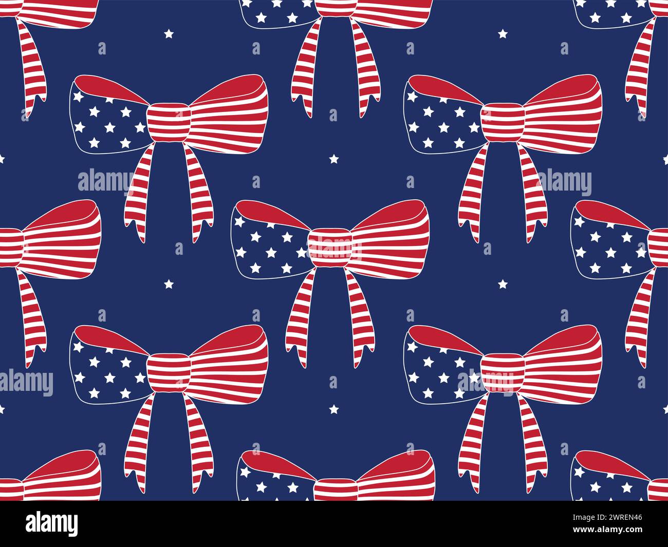 Seamless vector pattern with patriotic USA ribbon bows, stars and stripes, 4th of July, Independence. Vector illustration Stock Vector