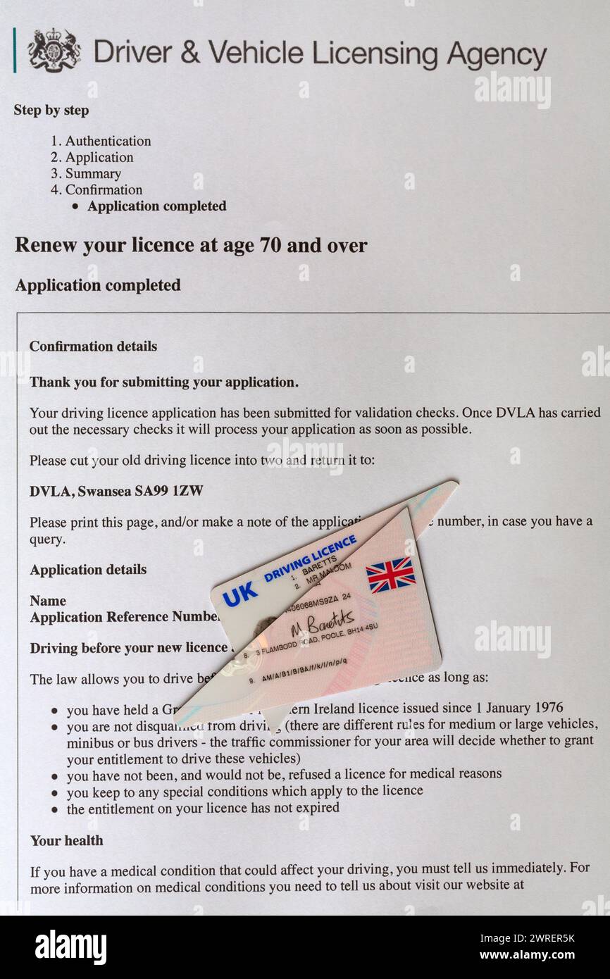 Step by step information from DVLA for renewing your licence at age 70 and over with old driving license cut in two Stock Photo