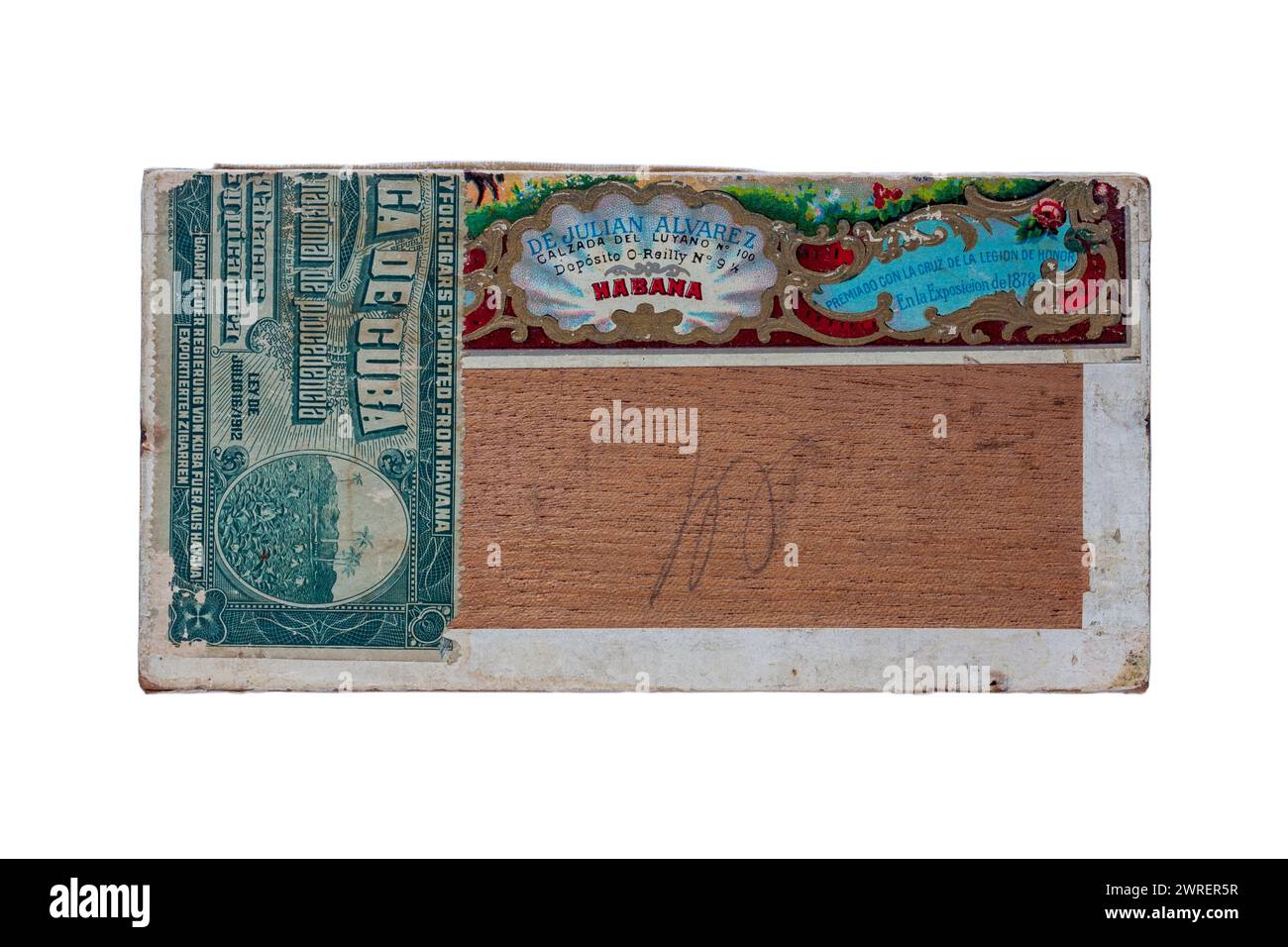 old vintage Henry Clay Habana cigar box isolated on white background - bottom base Stock Photo