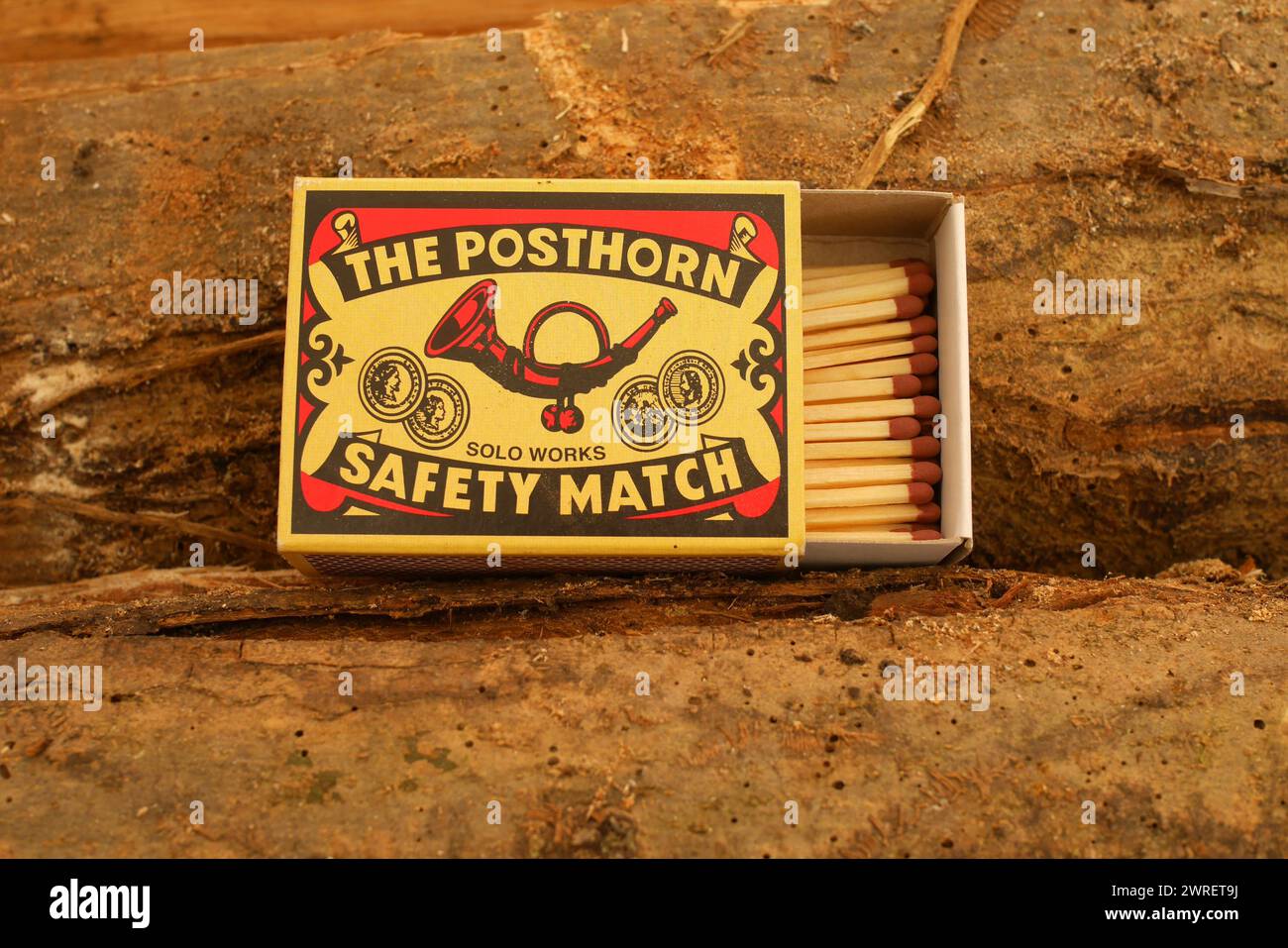 Open box of Czech safety matches, Solo Brand Works company Stock Photo