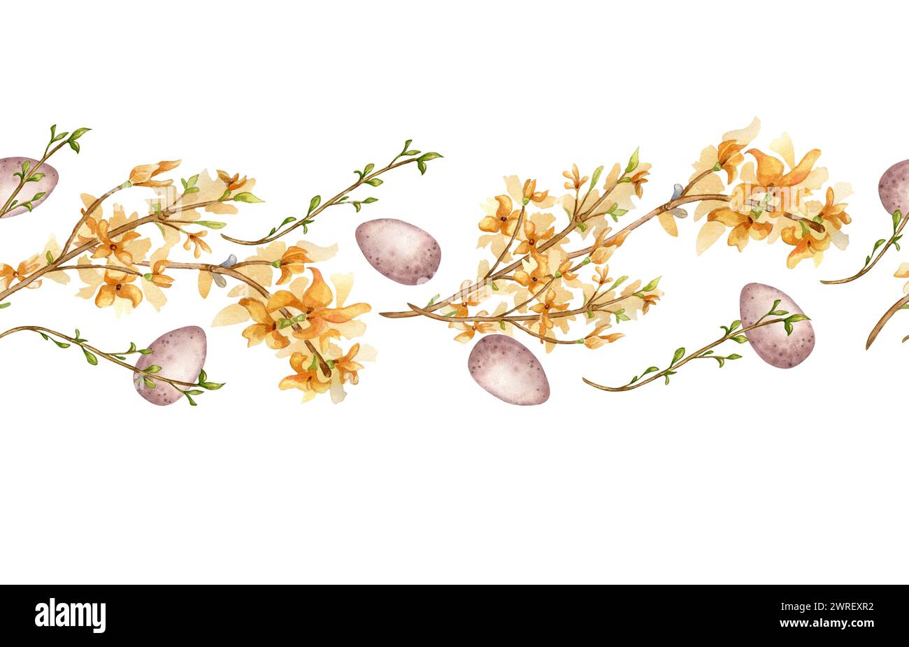 Seamless border of watercolor first yellow spring flowers and Easter ...