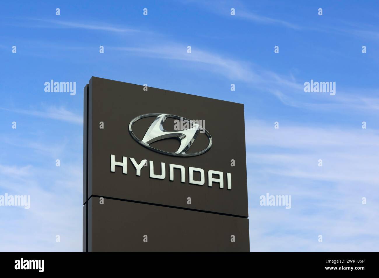 Hyundai Motor Company logo outside dealership. Hyundai is a South Korean multinational automotive manufacturer. Salo, Finland. March 10, 2024. Stock Photo