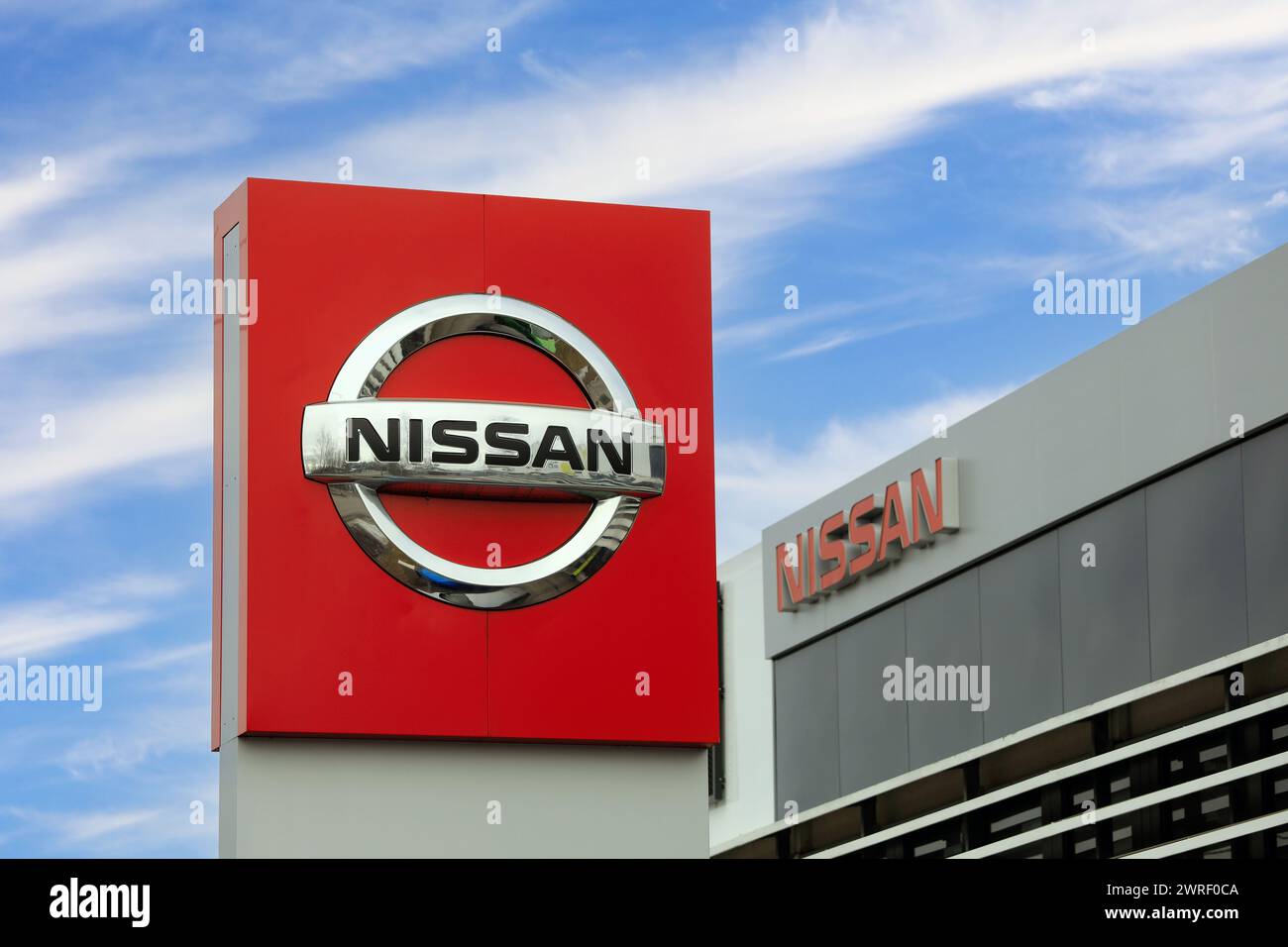 Nissan Motor Co. Ltd. logo outside dealership. In 2022, the Japanese Nissan was the 9th largest car maker in the world. Salo, Finland. March 10, 2024. Stock Photo