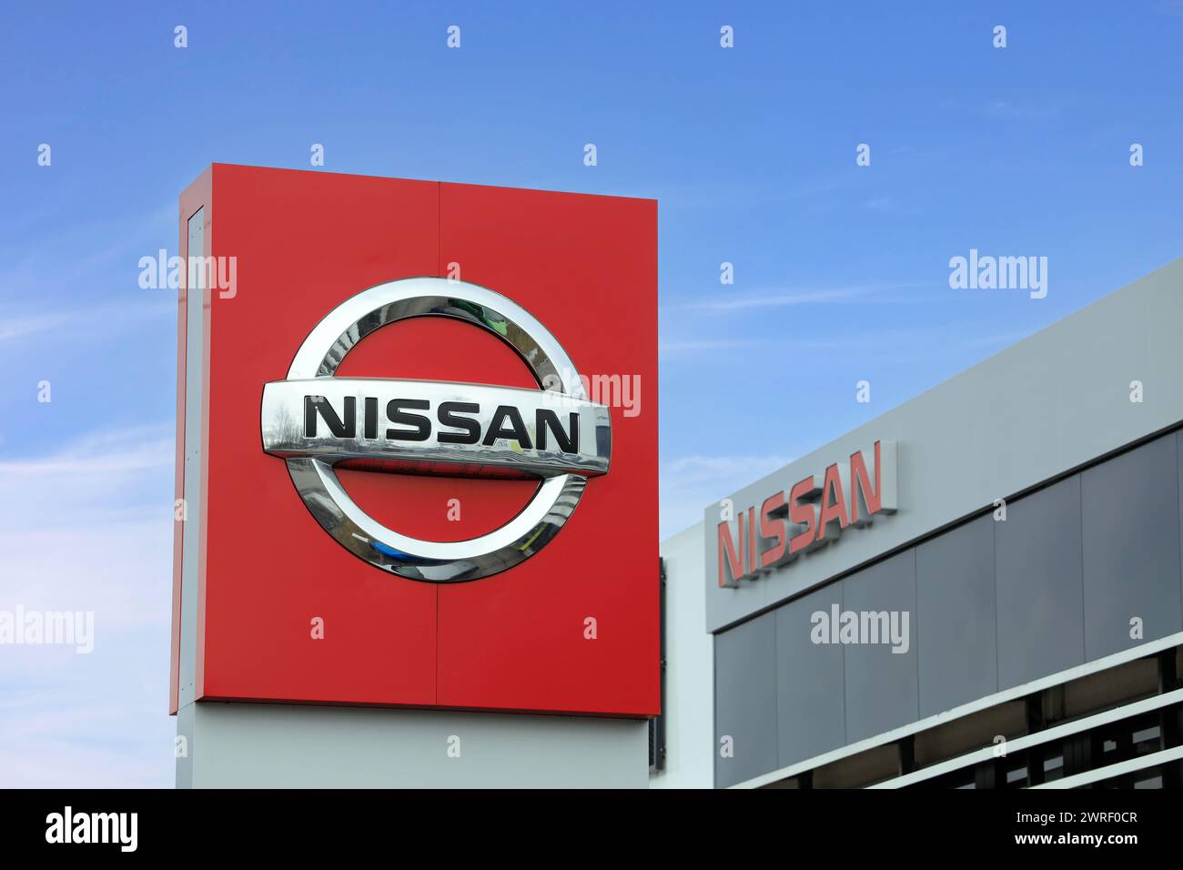 Nissan Motor Co. Ltd. logo outside dealership. In 2022, the Japanese Nissan was the 9th largest car maker in the world. Salo, Finland. March 10, 2024. Stock Photo