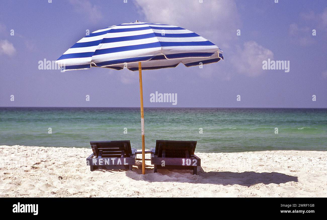 Sun Loungers on the beach in Barbados W.I. Stock Photo