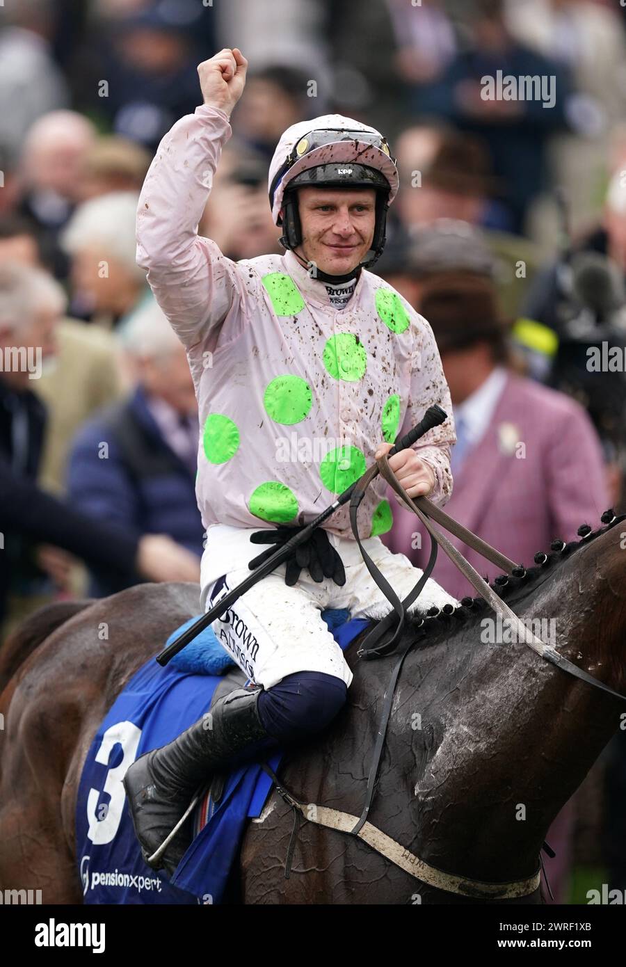 Jockey Paul Townend onboard Gaelic Warrior after winning the My Pension Expert Arkle Challenge Trophy Novices' Chase on day one of the 2024 Cheltenham Festival at Cheltenham Racecourse. Picture date: Tuesday March 12, 2024. Stock Photo
