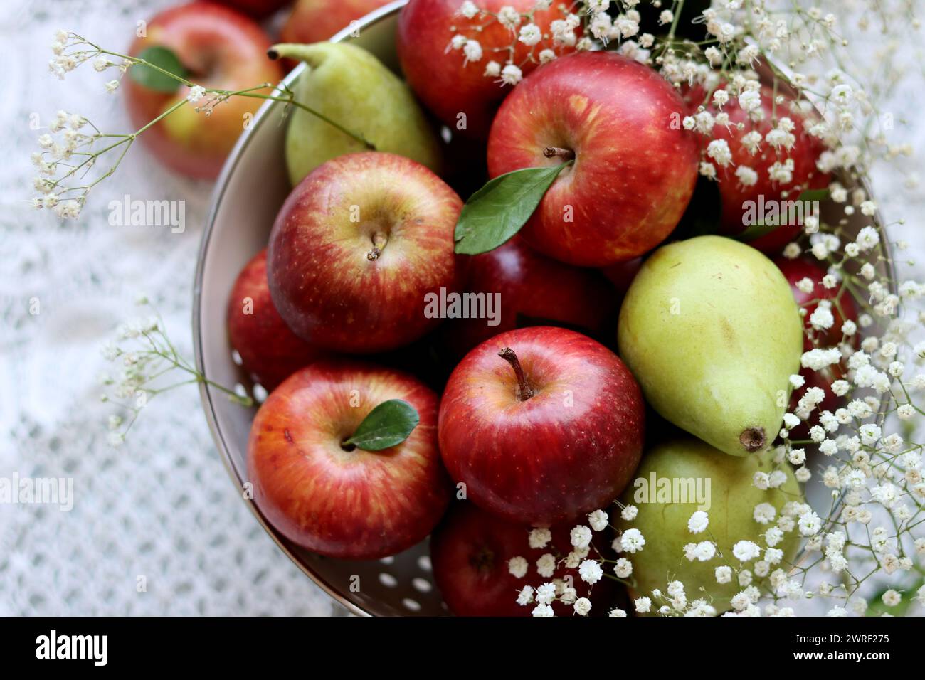 Shiny red apples in white colander. Close up photo of organic fruit on ...