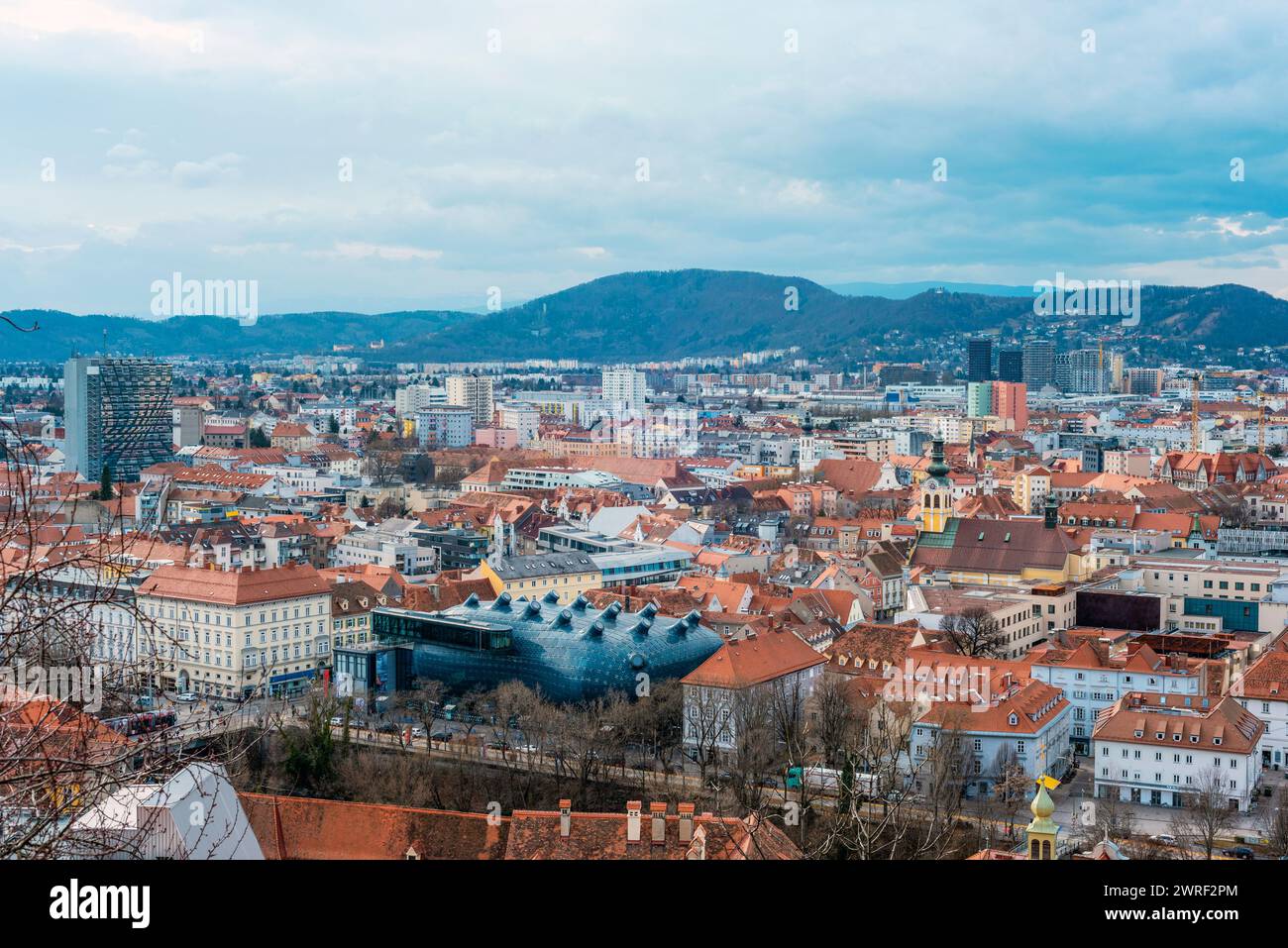 Aerial view of city of Graz at winter, Austria. Stock Photo