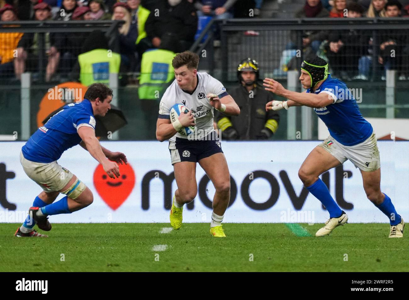 Huw Jones of Scotland seen in action during the Guinness Six Nations 2024 rugby union international match between Italy and Scotland at the Olympic Stadium. Final score: Italy 31 - 29 Scotland. Stock Photo