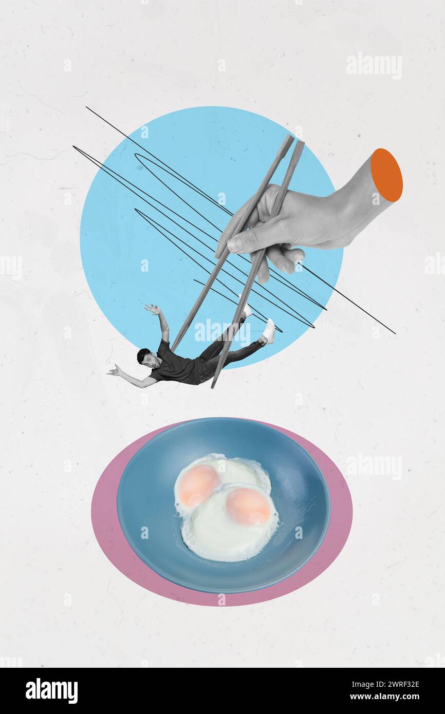 Frying Afraid Vertical creative collage image of afraid man hand hold chopsticks ...