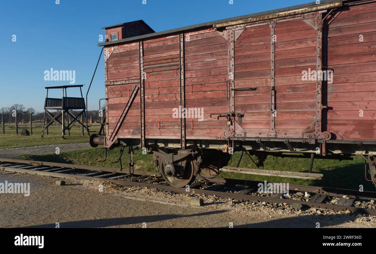 Railway Wagon and Guard Tower, Auschwitz-Berkenau Concentration Camp, Poland. Stock Photo