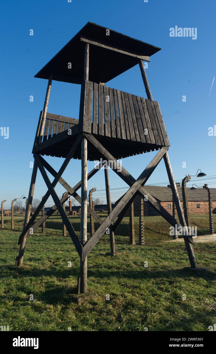 A Guard Tower at Auschwitz-Berkenau Concentration  and Extermination Camp, Poland. Stock Photo