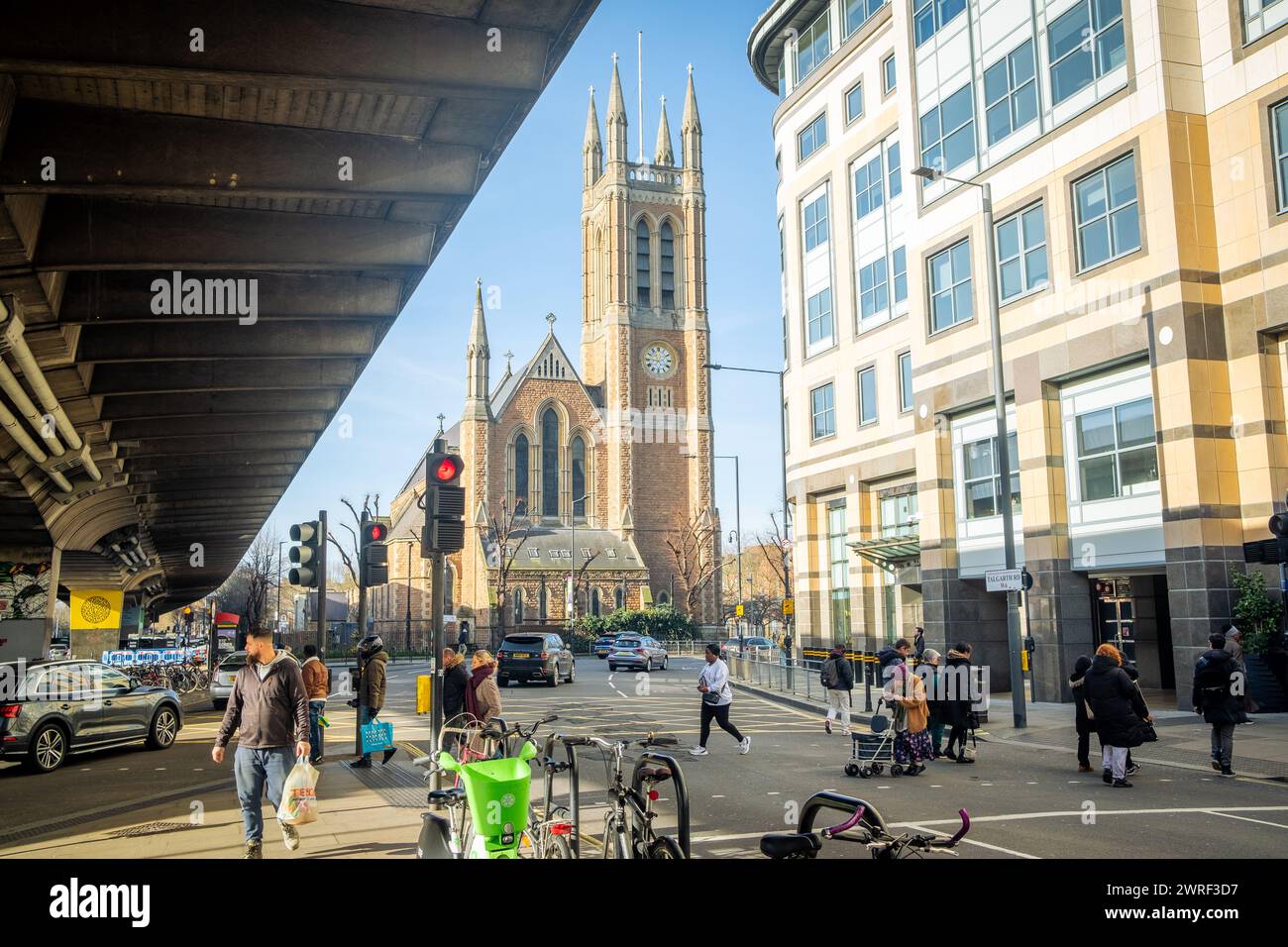 LONDON- FEBRUARY 4, 2024: Hammersmith Broadway, St Pauls Church and the Hammersmith flyover Stock Photo