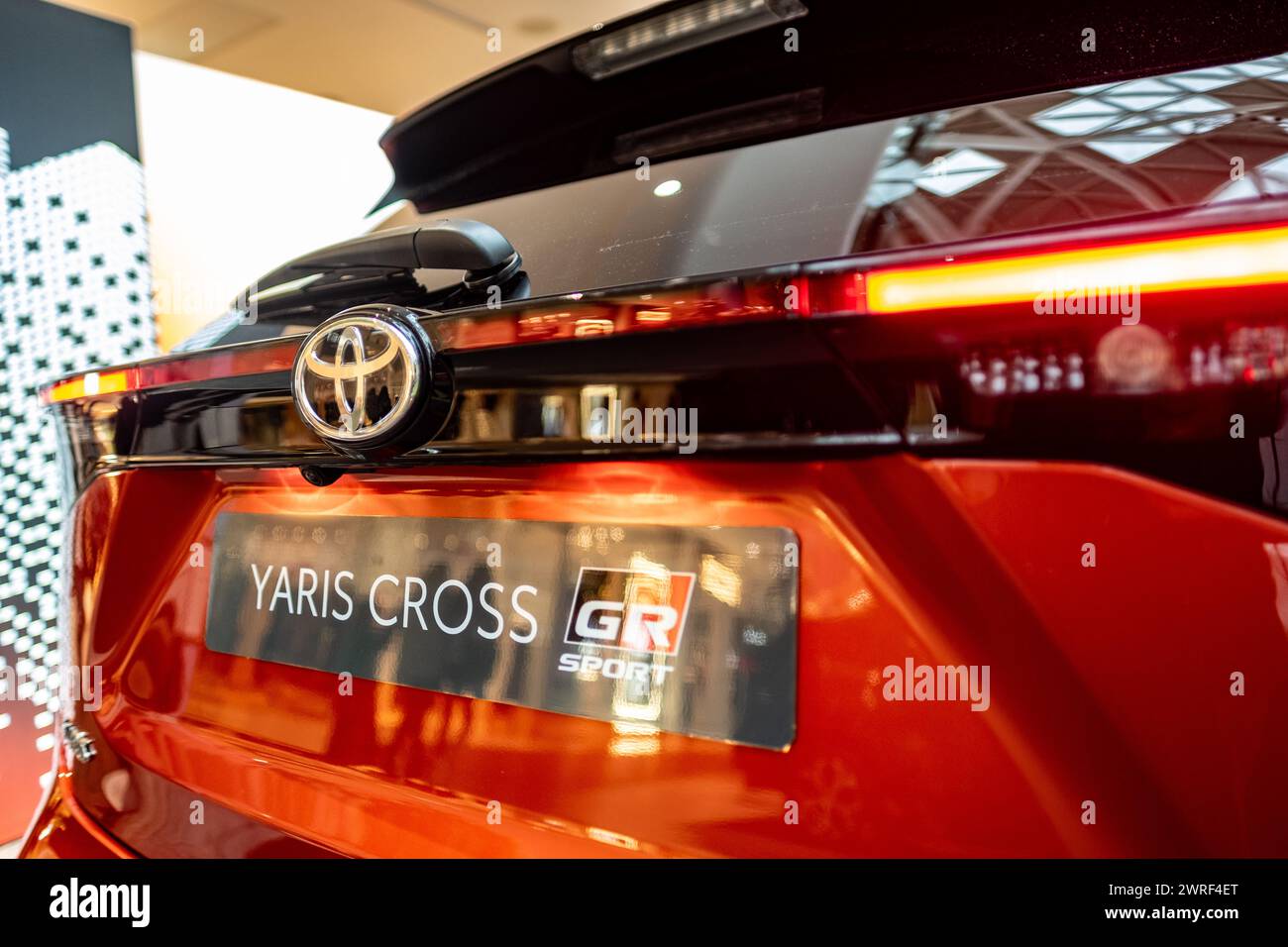 LONDON- FEBRUARY 13, 2024: New Toyota Yaris Cross GR Sport car on showroom display. Toyotas new range of cars in 2024. Stock Photo