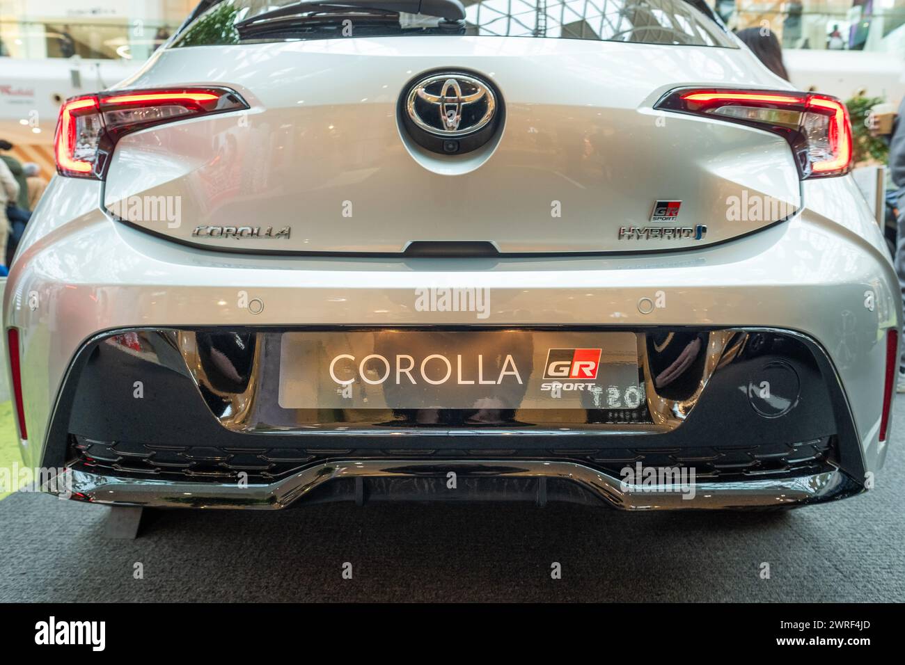 LONDON- FEBRUARY 13, 2024: New Toyota Corolla GR Sport car on showroom display. Toyotas new range of cars in 2024. Stock Photo