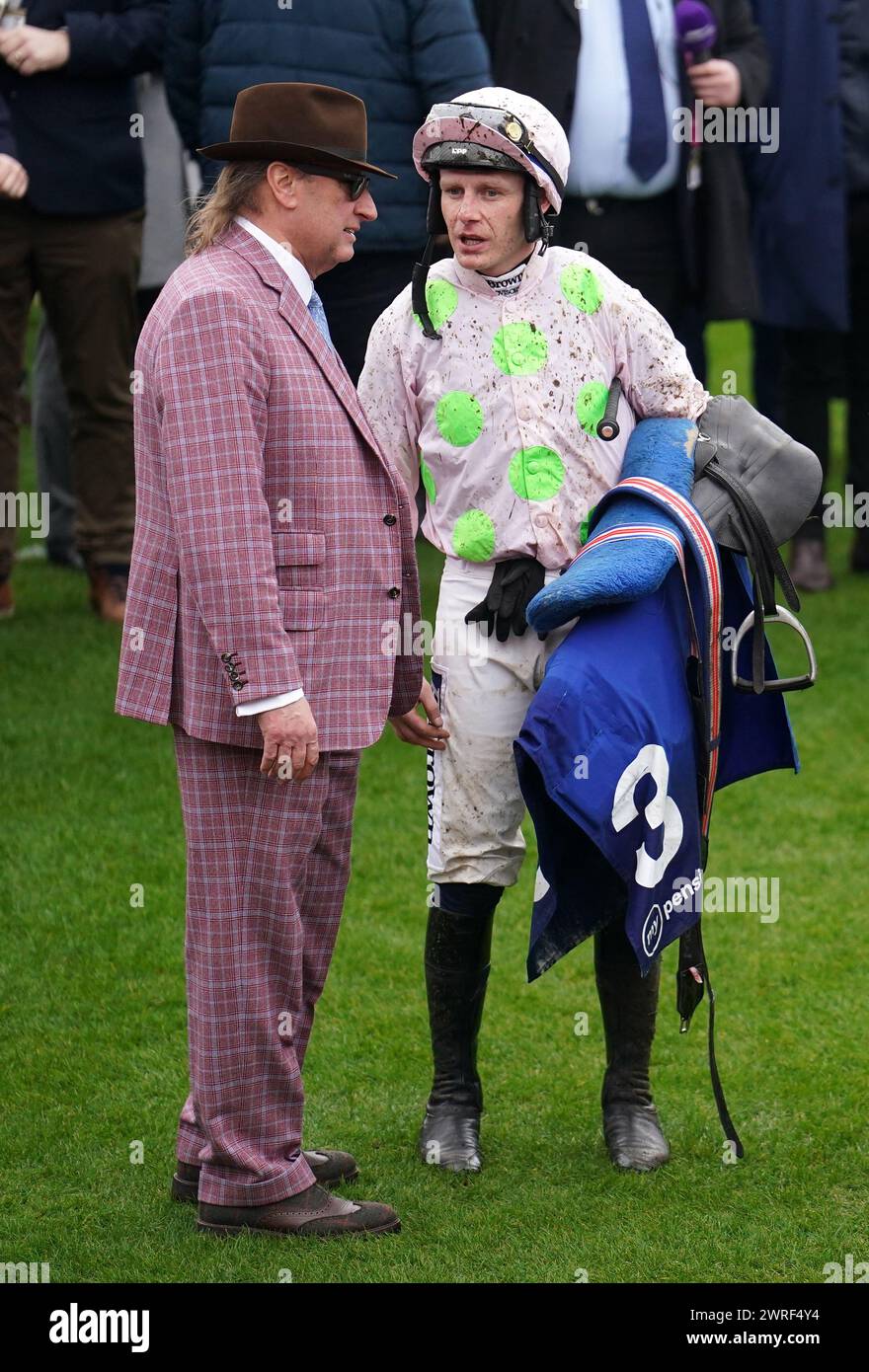 Owner Ricci Rich (left) and jockey Paul Townend after Gaelic Warrior won the My Pension Expert Arkle Challenge Trophy Novices' Chase on day one of the 2024 Cheltenham Festival at Cheltenham Racecourse. Picture date: Tuesday March 12, 2024. Stock Photo