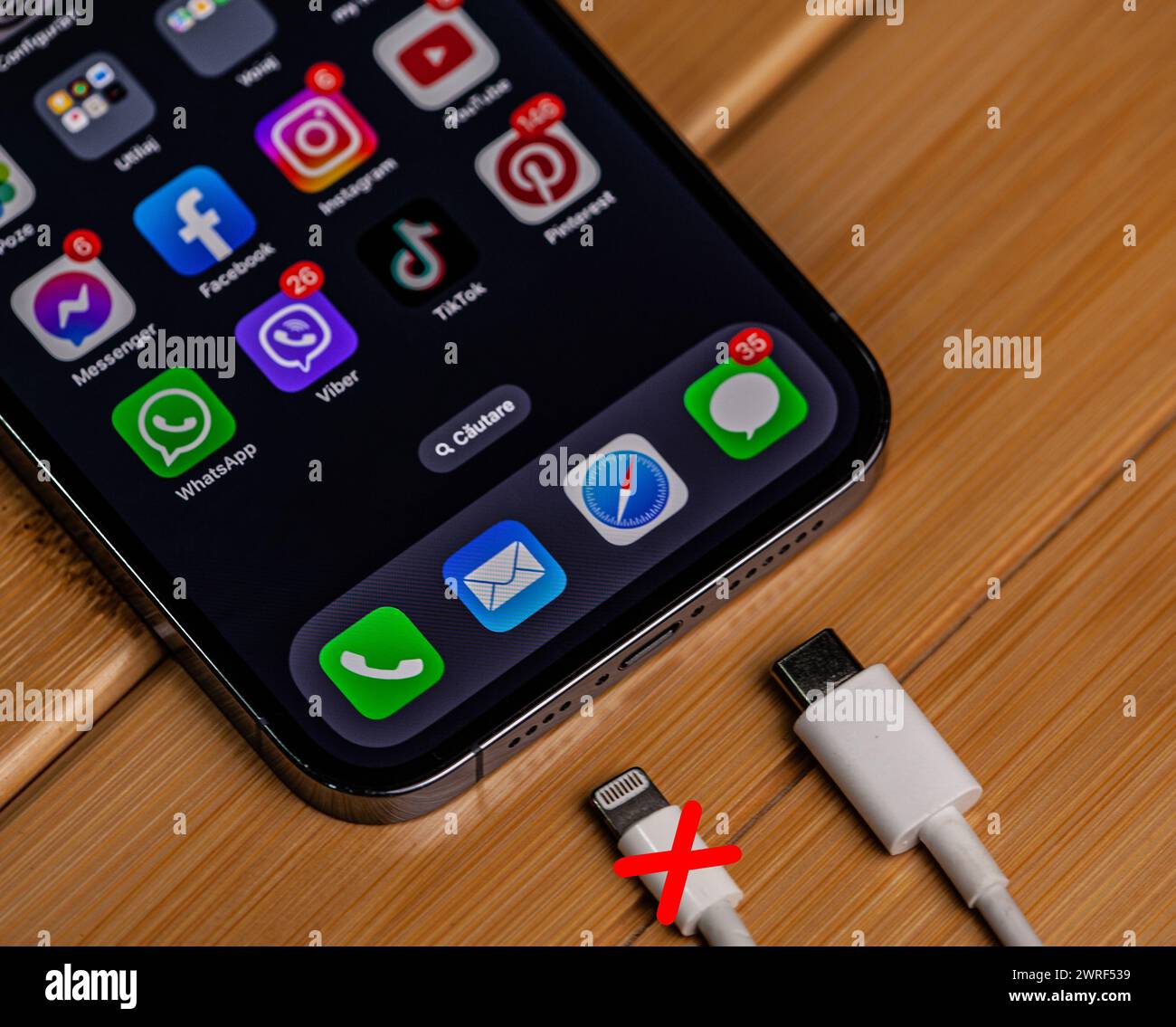 High quality picture with two chargers. The new iPhone uses a new model of type-c charger and forgets about the old charger.Moldova,Hincesti 04.09 Stock Photo