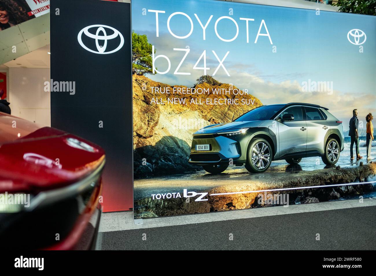 LONDON- FEBRUARY 13, 2024: New Toyota bz4a electric car on display. Toyotas new range of cars in 2024. Stock Photo