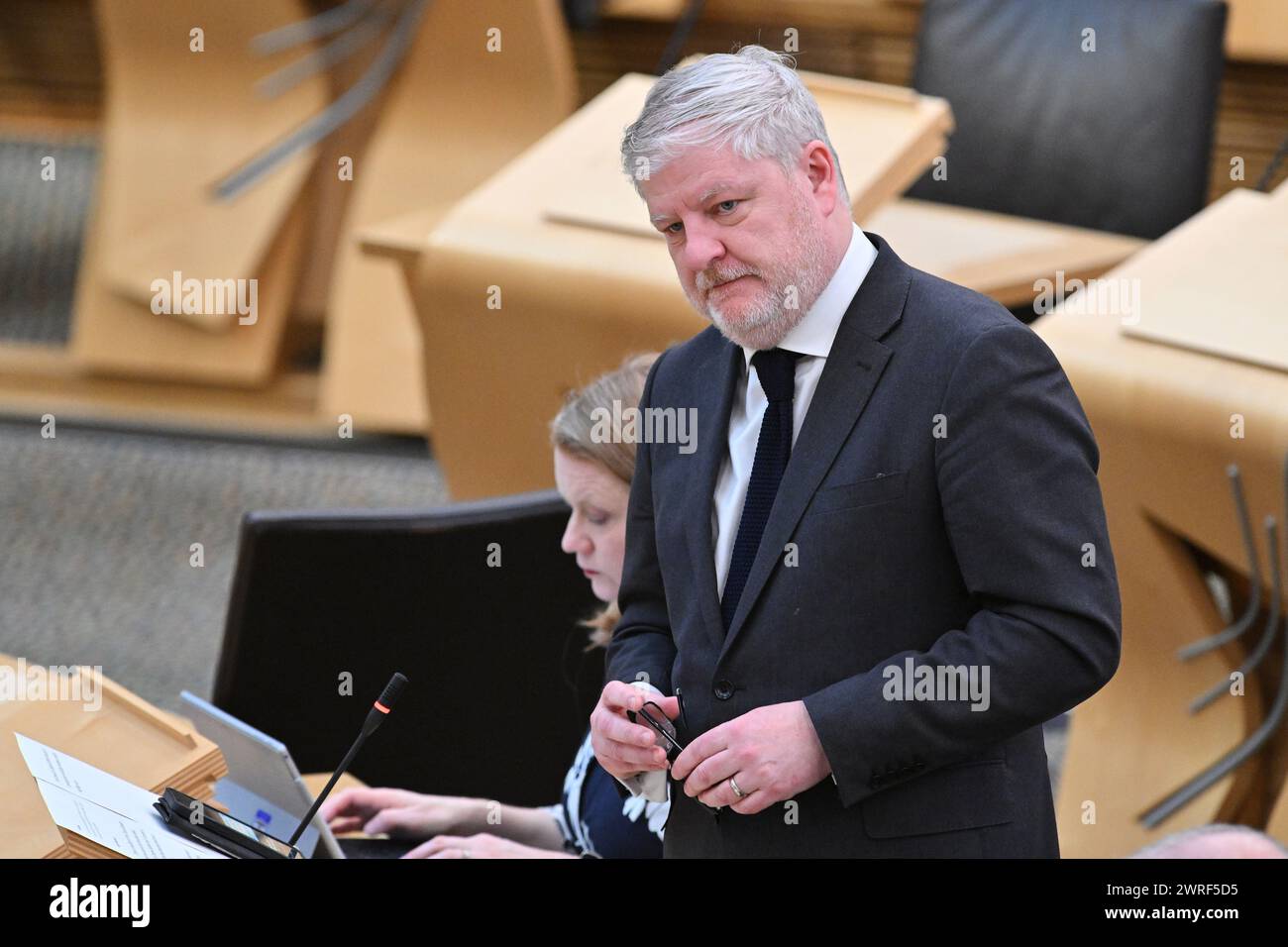 Edinburgh Scotland, UK 12 March 2024. Cabinet Secretary for Constitution, External Affairs and Culture Angus Robertson MSP at the Scottish Parliament to answer a  Topical Question on reports that Creative Scotland has awarded £85,000 to the project  Rein. credit sst/alamy live news Stock Photo