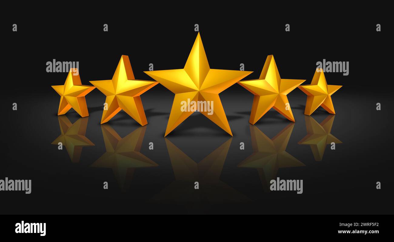 Five Star Rating and Gold stars exceptional ratings with best in class award icons as an award of excellence and luxury as a symbol and concept of com Stock Photo