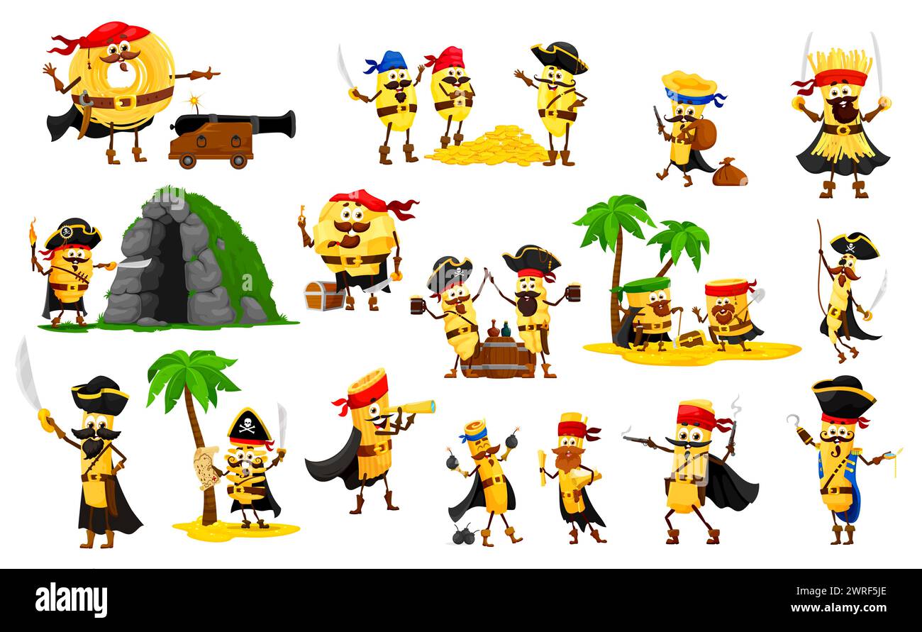 Cartoon funny italian pasta pirate and corsair characters, vector Italy macaroni food. Cute noodle, gnocchi, vermicelli and papardelle, cavatelli, radioatore and paccheri personages with pirate hats Stock Vector